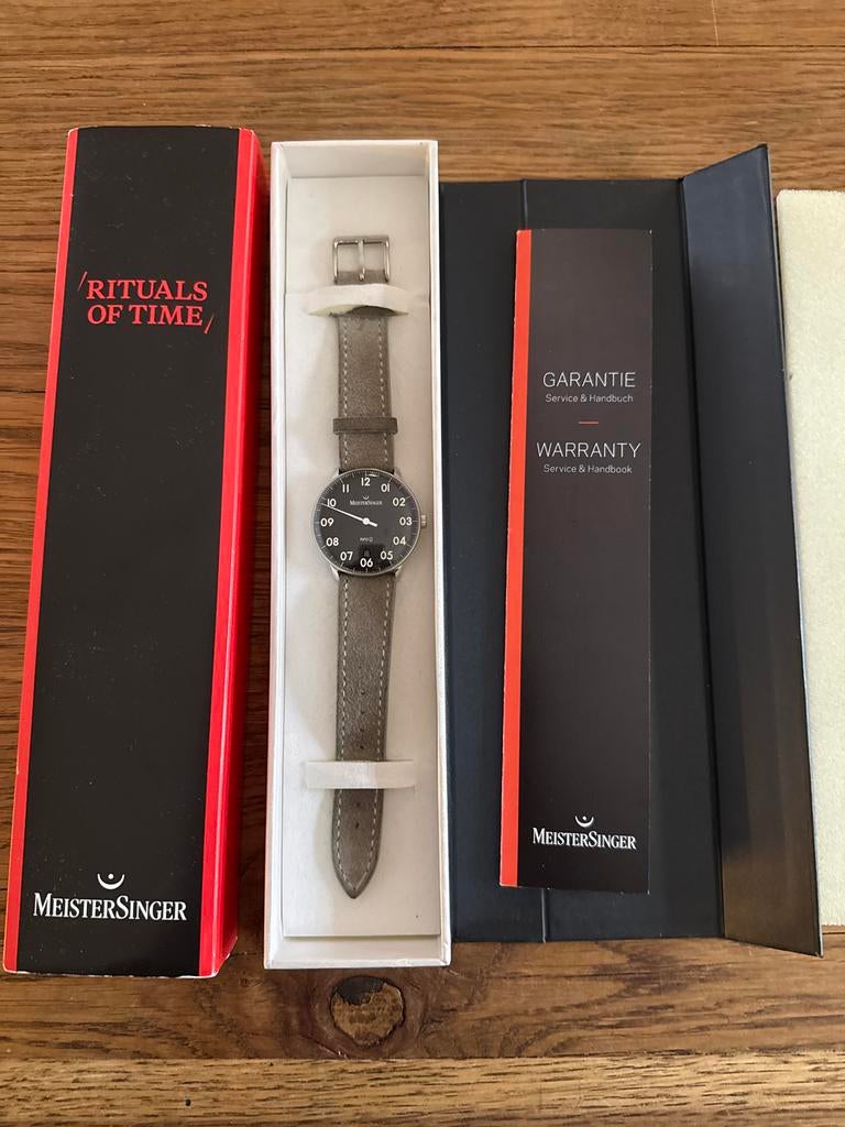 Meistersinger heren horloge, Sieraden, Tassen en Uiterlijk, Horloges | Heren, Gebruikt, Polshorloge, Overige merken, Staal, Leer