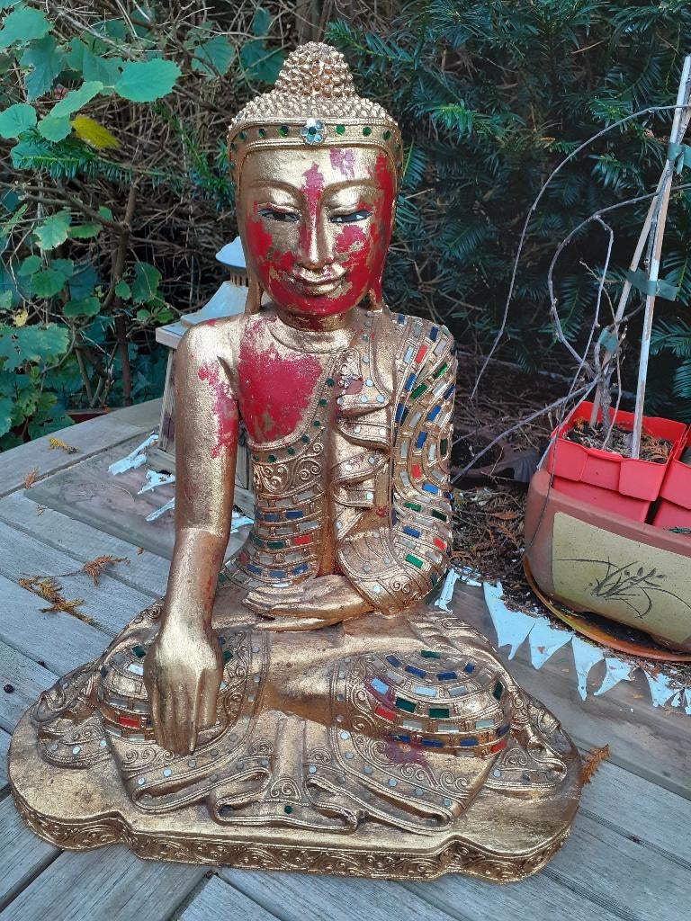Thailand groot verguld/ingelegd Boeddhabeeld, goed Houtsnijw, Ophalen of Verzenden