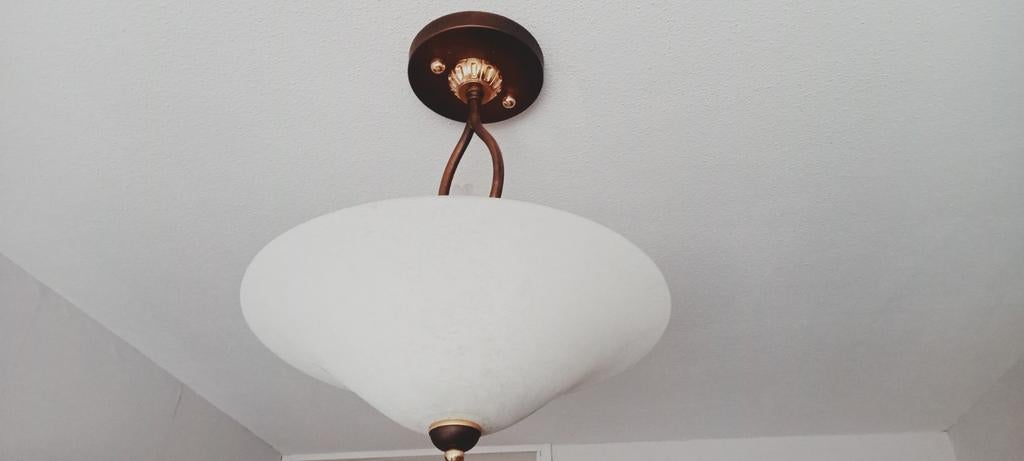 Frantzen hang plafondlamp met tulp 3 lampen glas brons, Ophalen of Verzenden, Glas, Ary deco art nouveau, Minder dan 100 cm