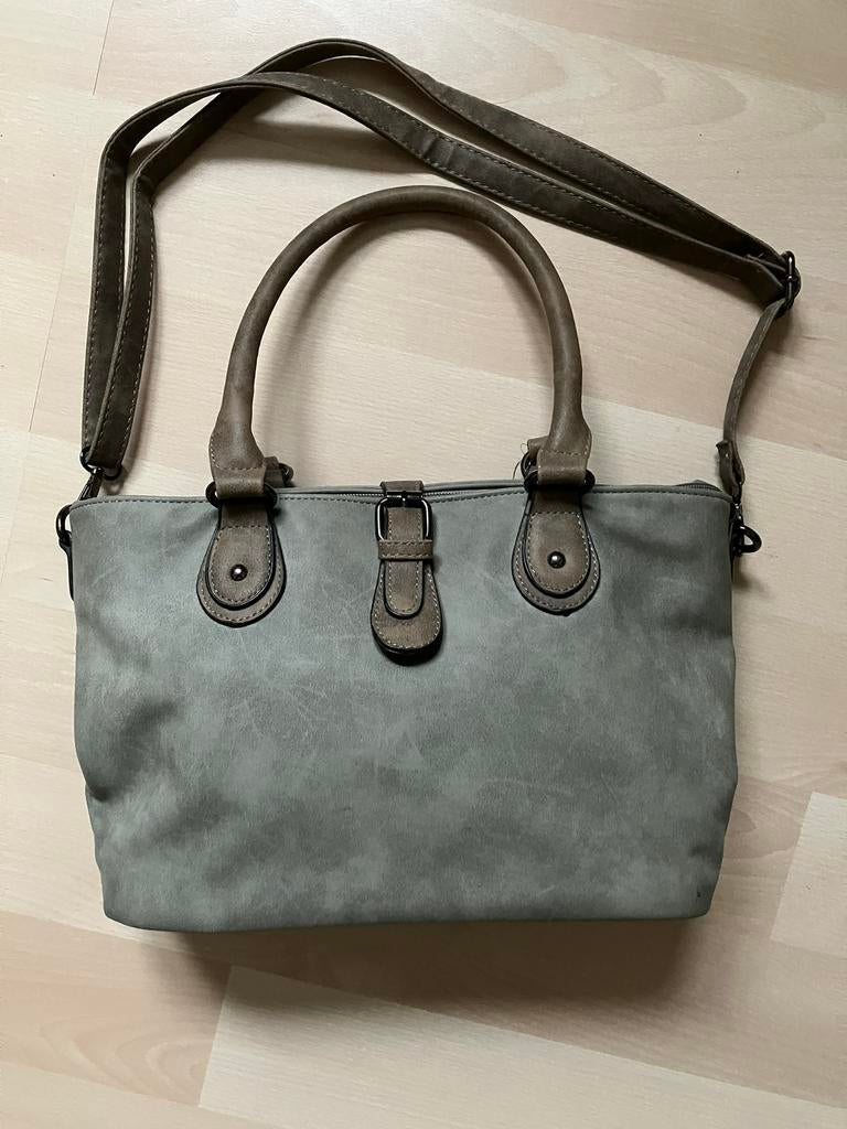 Grijsgroene grote schoudertas/shopper met veel vakken, Ophalen of Verzenden, Gebruikt, Overige kleuren, Shopper