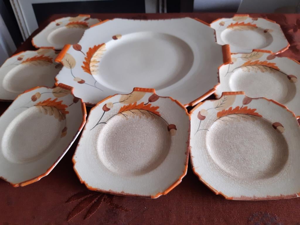 Art Deco 8 dlg gebaksstel Parrot&Cie Burslem Coronet Ware, Ophalen of Verzenden