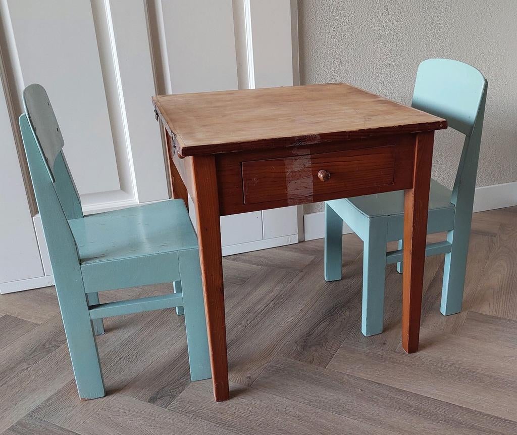 Retro Kindertafel met 2 Stoeltjes - Vintage Look, Ophalen, Gebruikt, Tafel(s) en Stoel(en)