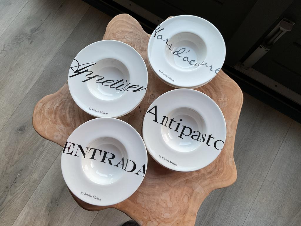 8 Riviera Maison dessert schaaltjes met diverse teksten, Ophalen, Keramiek, Zo goed als nieuw, Kom(men)