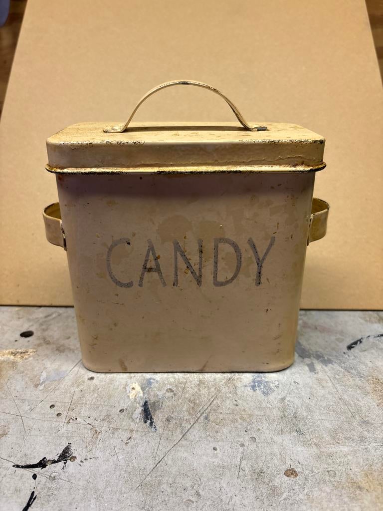 Vintage metalen snoeptrommel met handvat, Ophalen of Verzenden