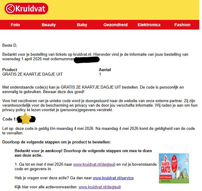 Kortingscode voor gratis 2e kaartje dagje uit, Eén persoon, Kortingsbon, Overige typen