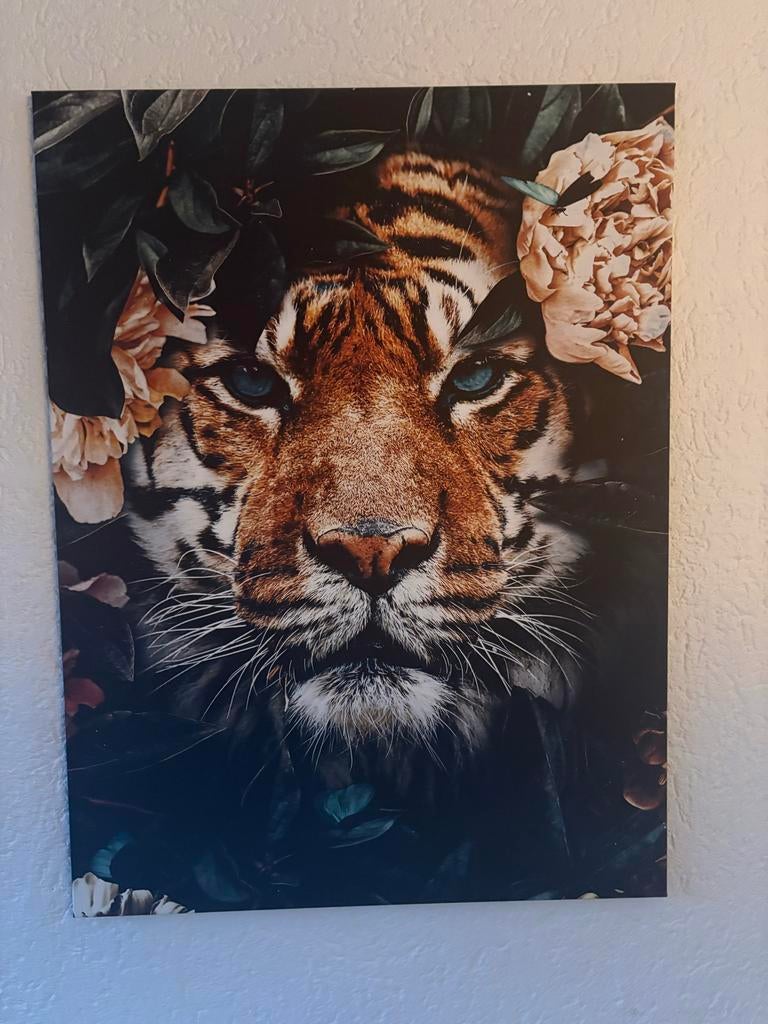Canvas schilderij tijger met bloemen - 100x75 cm, Ophalen