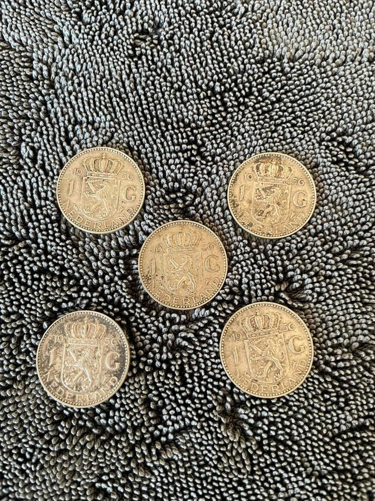 5 zilveren Juliana guldens 1956, Postzegels en Munten, Munten | Nederland, Ophalen of Verzenden, Koningin Juliana, 1 gulden, Zilver