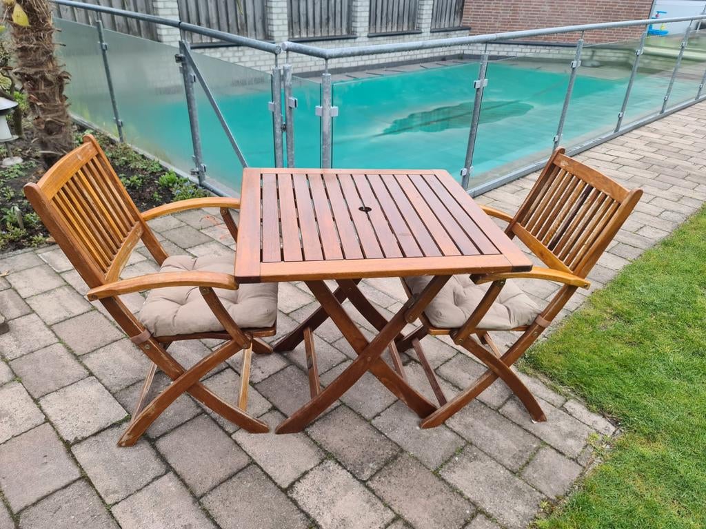 2x Teakhouten Bistro Setjes Sediamo 2 tafeltjes 4 stoelen, Ophalen, 4 zitplaatsen, Gebruikt, Teakhout