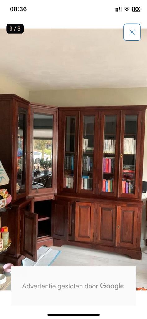 Koloniale hoekkast - Teakhout met glazen deuren, Ophalen, Met deur(en), 100 tot 150 cm, 200 cm of meer