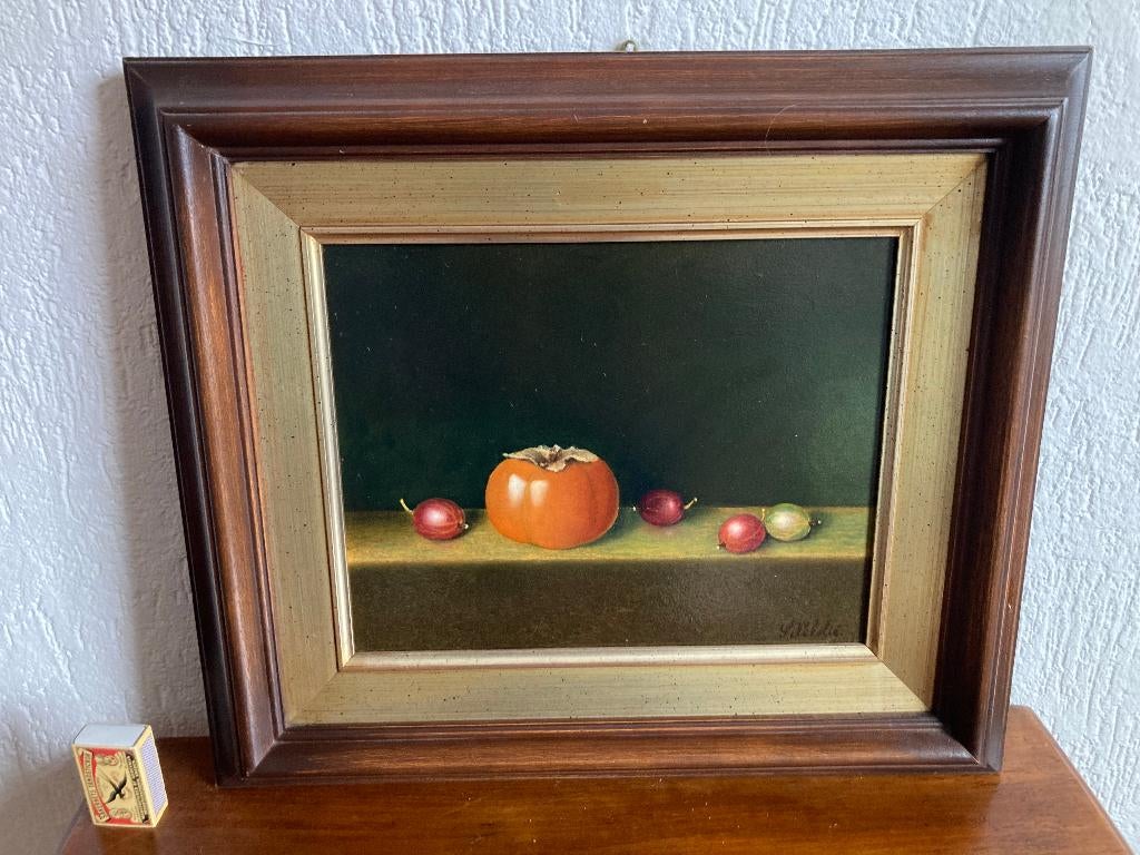 fotorealistisch olieverf schilderij stilleven kaki kruisbes, Antiek en Kunst, Kunst | Schilderijen | Klassiek, Ophalen of Verzenden