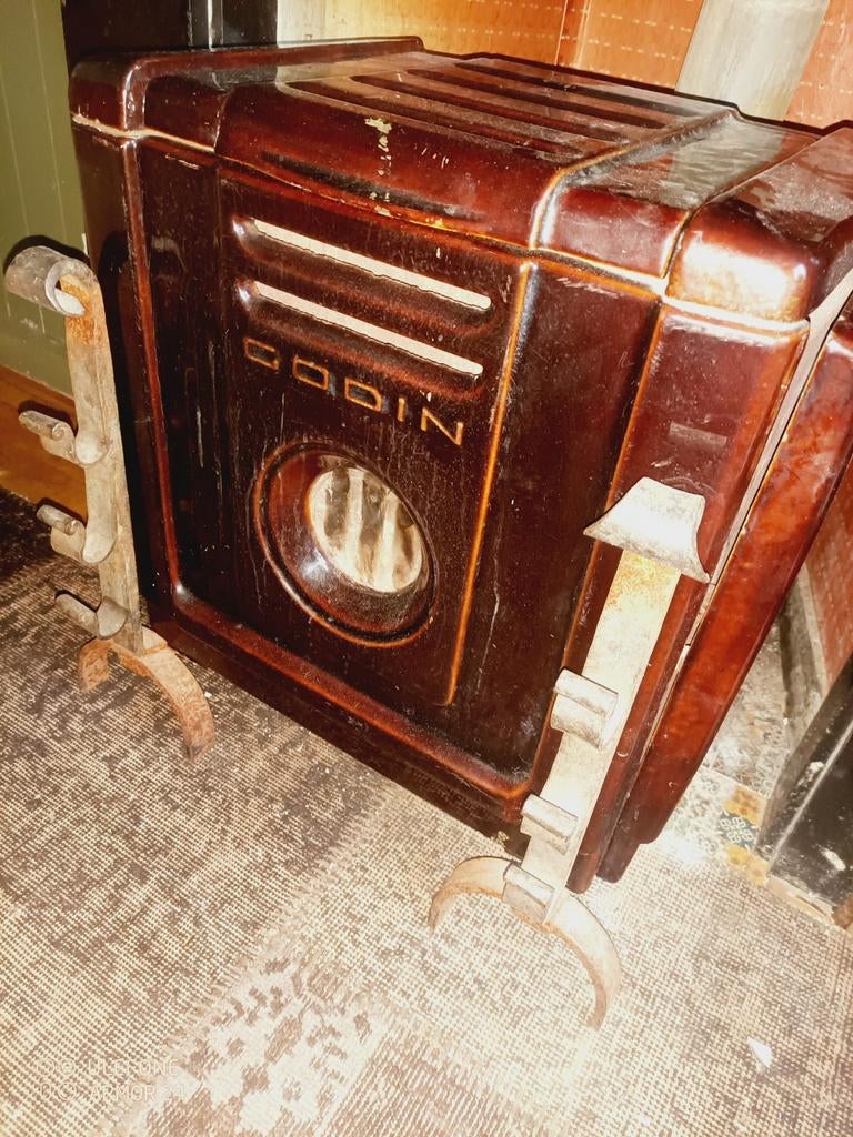 Godin Bruin Geëmailleerde hout Kachel, Huis en Inrichting, Kachels, Gebruikt, Vrijstaand, Houtkachel, Hout, Ophalen