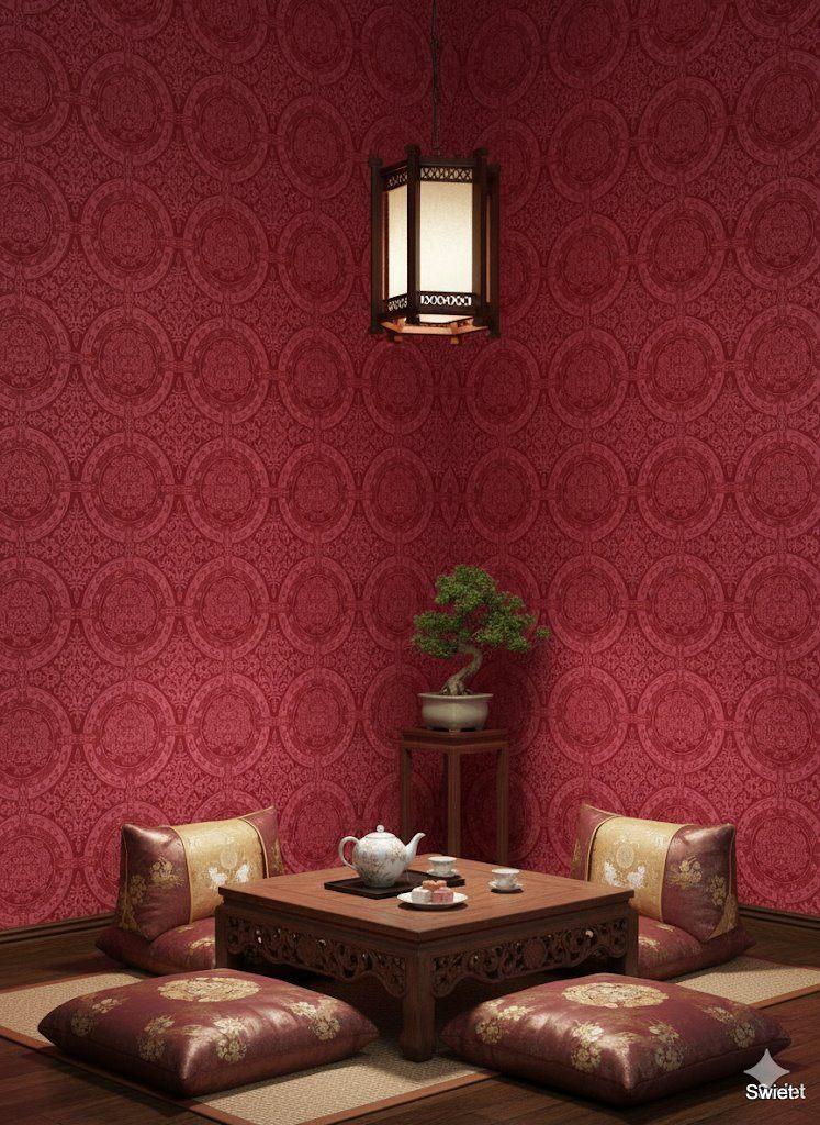 14093 Dieprood behang  oosters motief en draken dessin swiet, Verzenden, 75 m² of meer, Rood