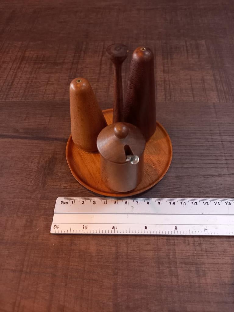 Vintage jaren 60 peper en zoutstel van teakhout + mosterdpot, Ophalen of Verzenden