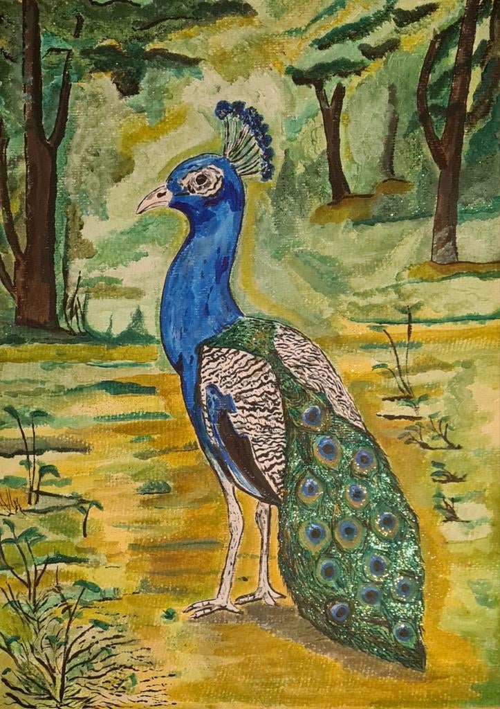 Pauw in het bos - Acryl op aquarelpapier, Antiek en Kunst, Kunst | Schilderijen | Klassiek, Ophalen of Verzenden