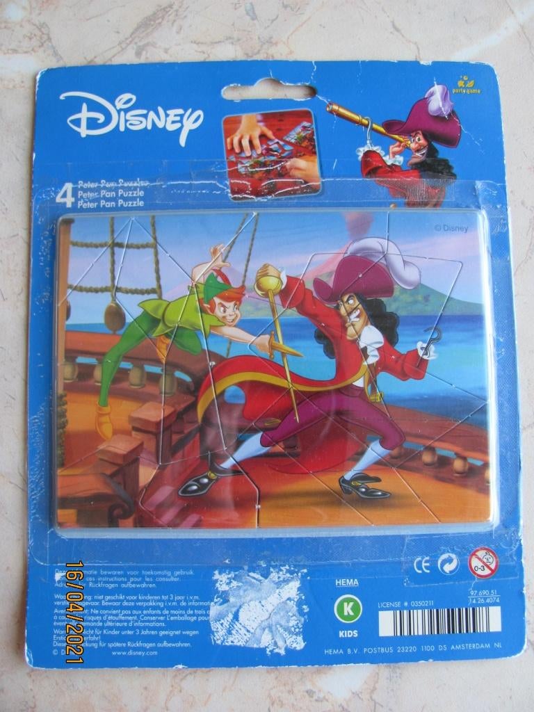 NIEUW verpakking Hema DISNEY 4x kleine PUZZEL Peter Pan Haak, Kinderen en Baby's, Speelgoed | Kinderpuzzels, Nieuw, 4 tot 6 jaar