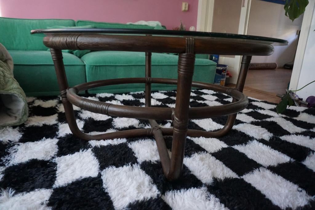 Vintage Rotan Salontafel met Glas - Ø 95cm, Ophalen, Gebruikt, 50 tot 100 cm, 50 tot 100 cm