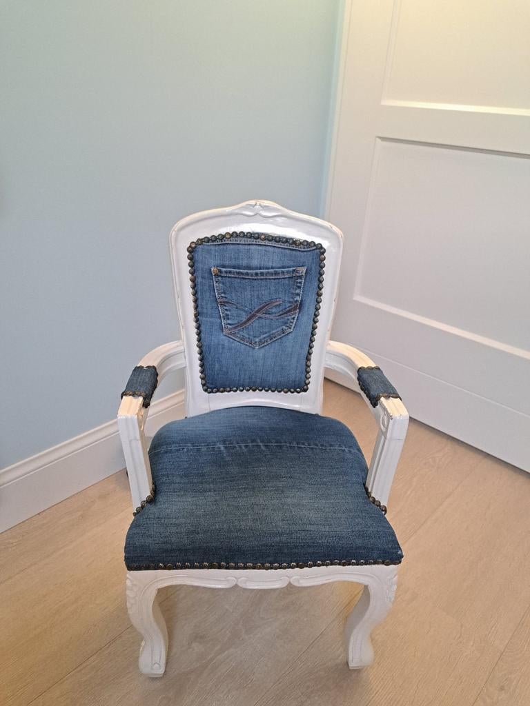 Vintage kinderstoel, barok stijl, denim bekleed, Ophalen, Gebruikt