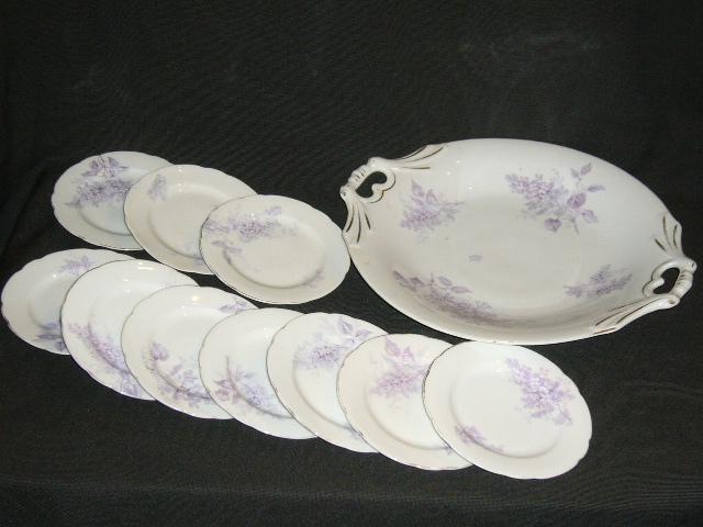 Antiek Porselein Gebakset Paarse Bloemen Motief, Ophalen