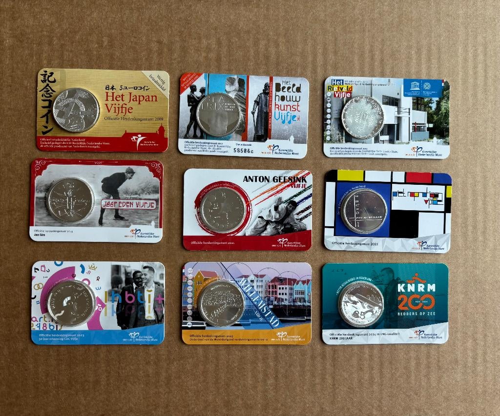 9 coincards 5 euro herdenkingsmunten, Ophalen, Koningin Beatrix, Euro's, Losse munt