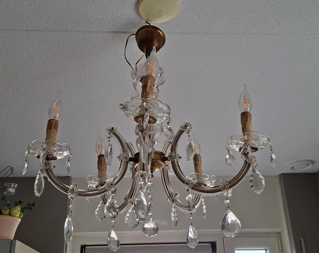 Vintage Glazen kroonluchter 5 Armige op netstroom, Ophalen