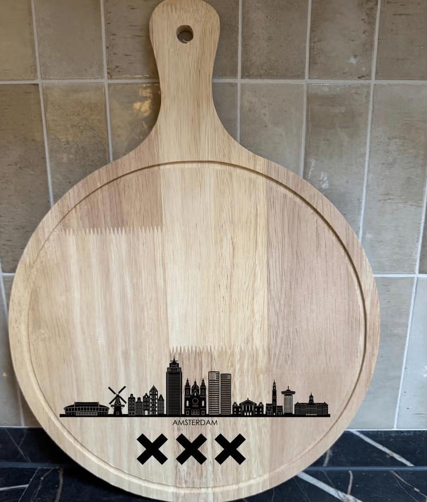 borrelplank skyline amsterdam, Beige, Hout, Snij-/serveerplank, Nieuw