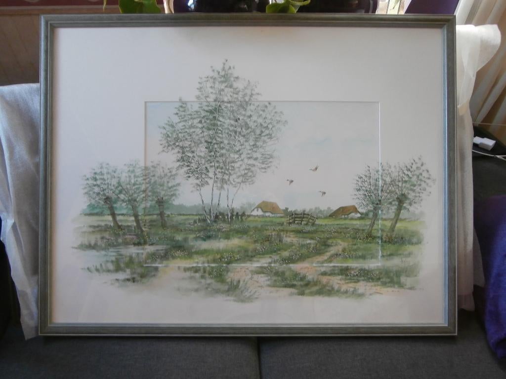 Kunst schilderij Jan Thiele weiland aquarel tekening boerder, Ophalen