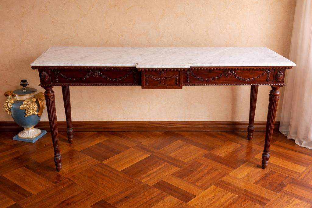 Antieke mahoniehouten console tafel met marmeren blad, Ophalen