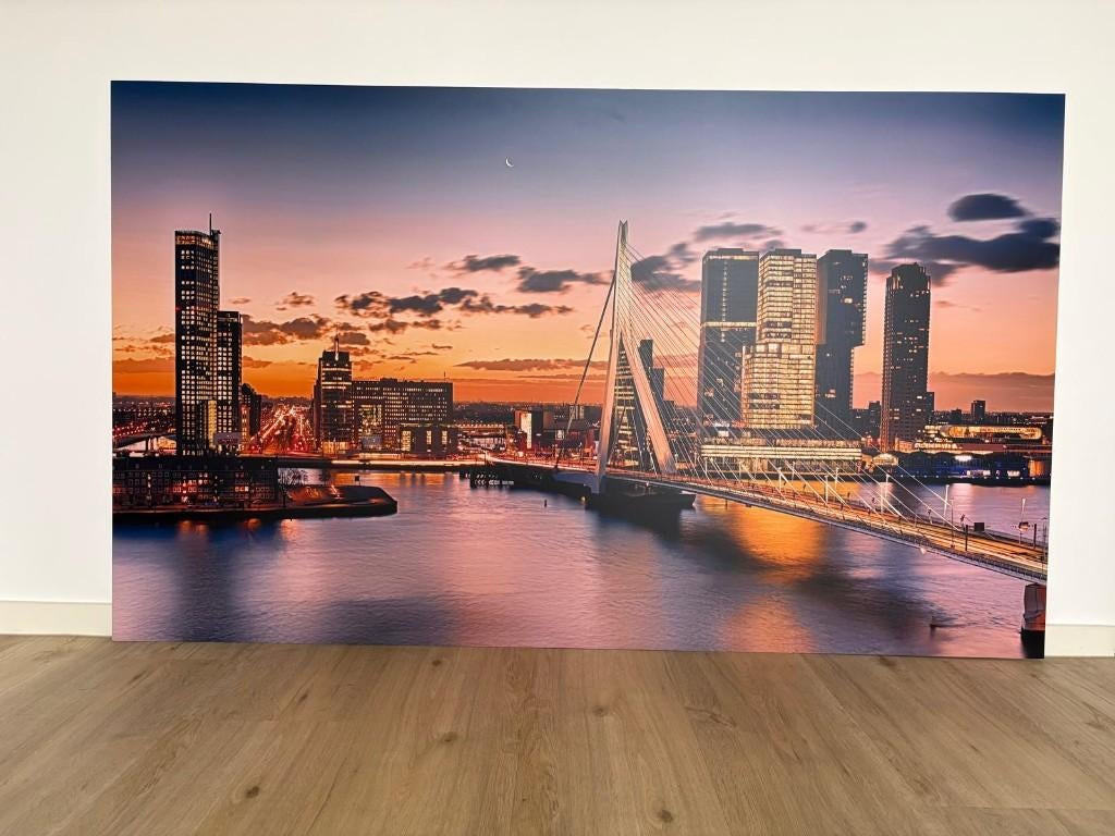 Skyline Rotterdam foto op aluminium, Ophalen, 125 cm of meer, Zo goed als nieuw, Foto of Poster