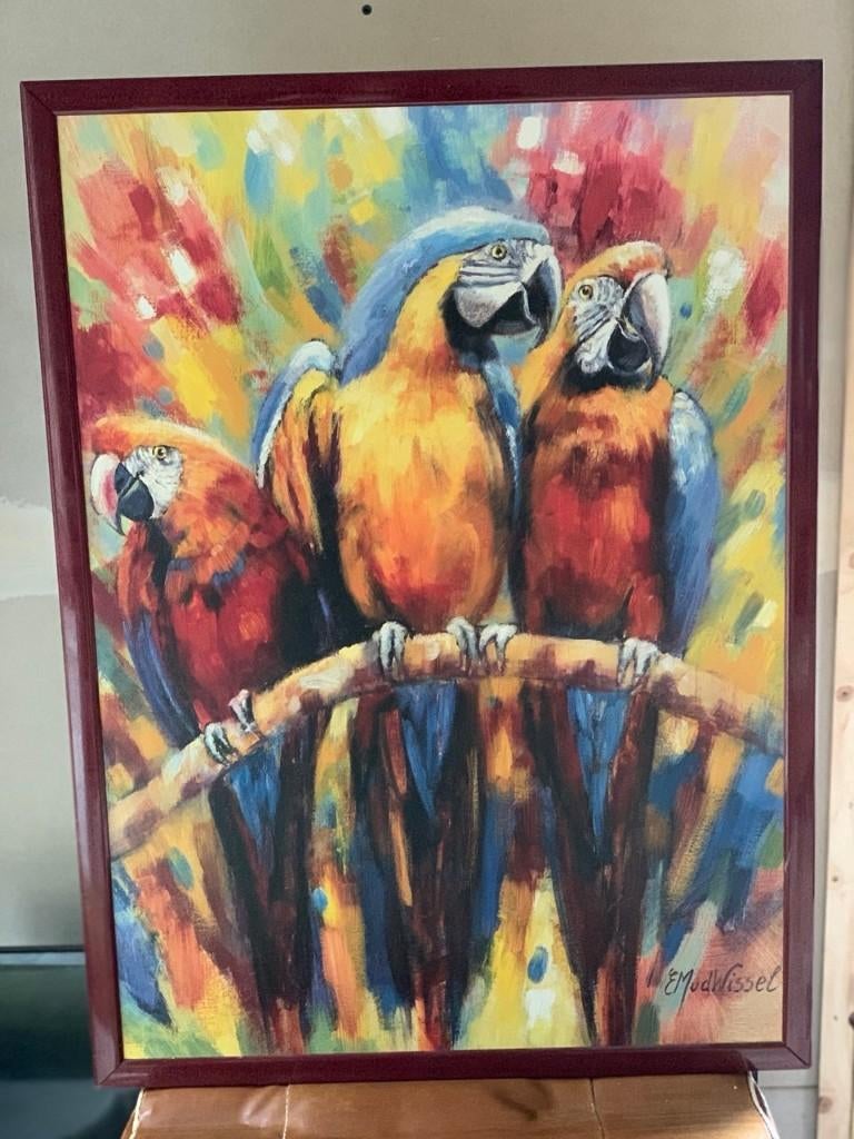 Kleurrijk schilderij van papegaaien van E.M v.d. Wissel, Ophalen of Verzenden