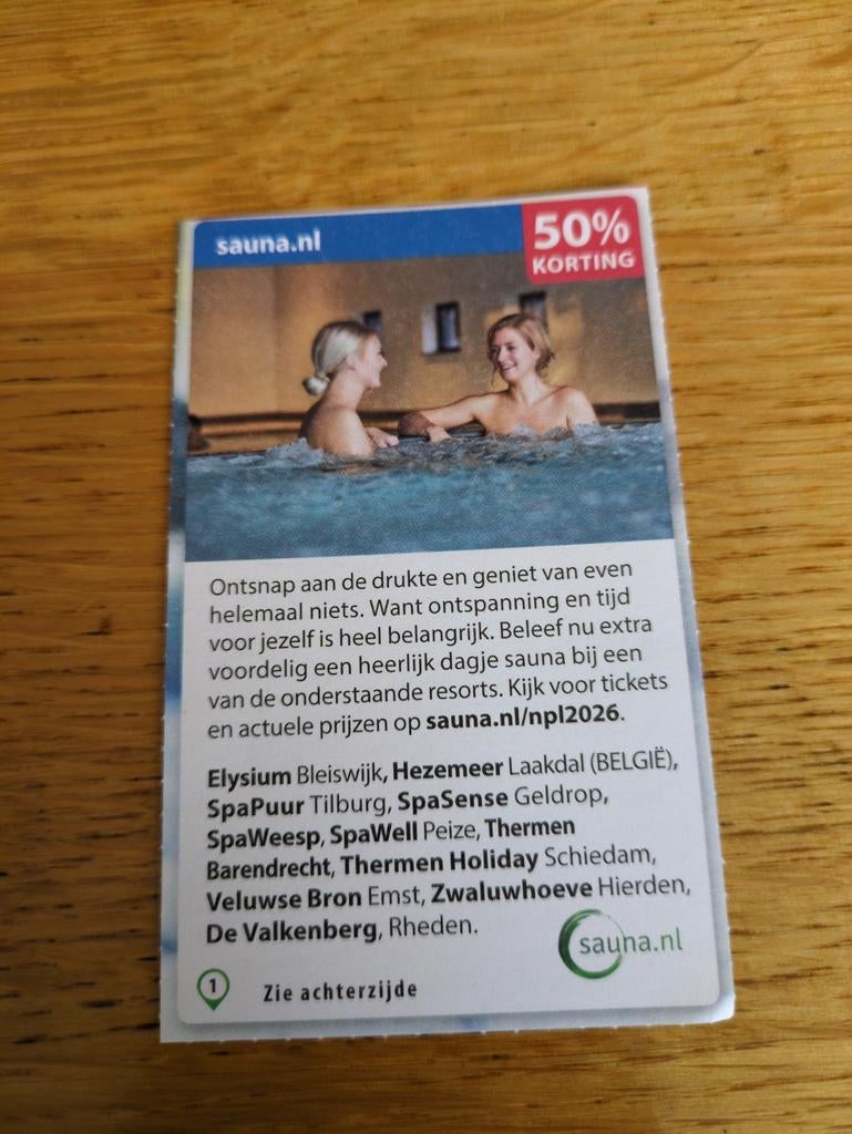 Kortingsbon voor diverse sauna`s 50 % korting, Eén persoon, Kortingsbon, Spa of Sauna