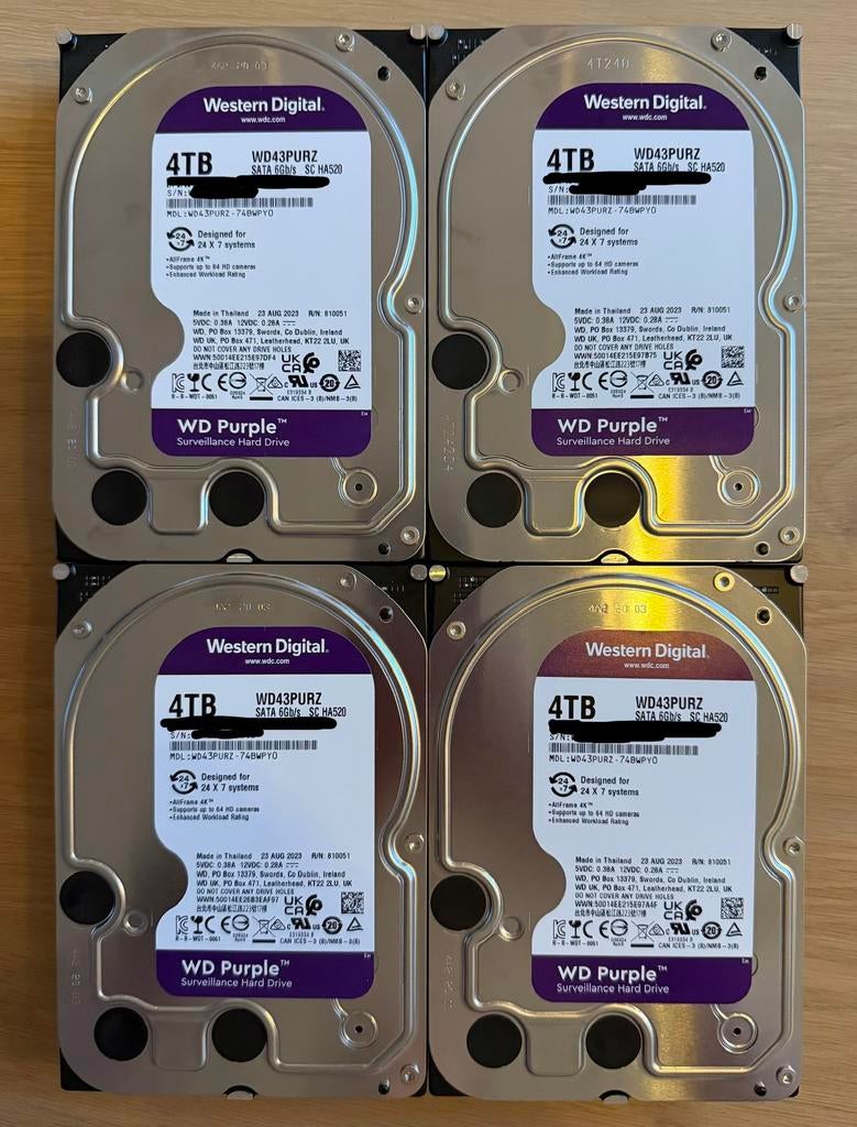 4x Western Digital 4 TB WD43PURZ, Computers en Software, Harde schijven, Ophalen, Intern, Gebruikt, Desktop