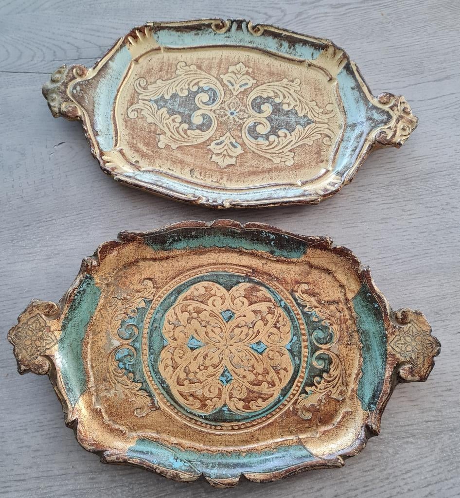 2 kleine  Florentijnse dienbladen, Ophalen of Verzenden, Zo goed als nieuw, Rechthoekig, Hout