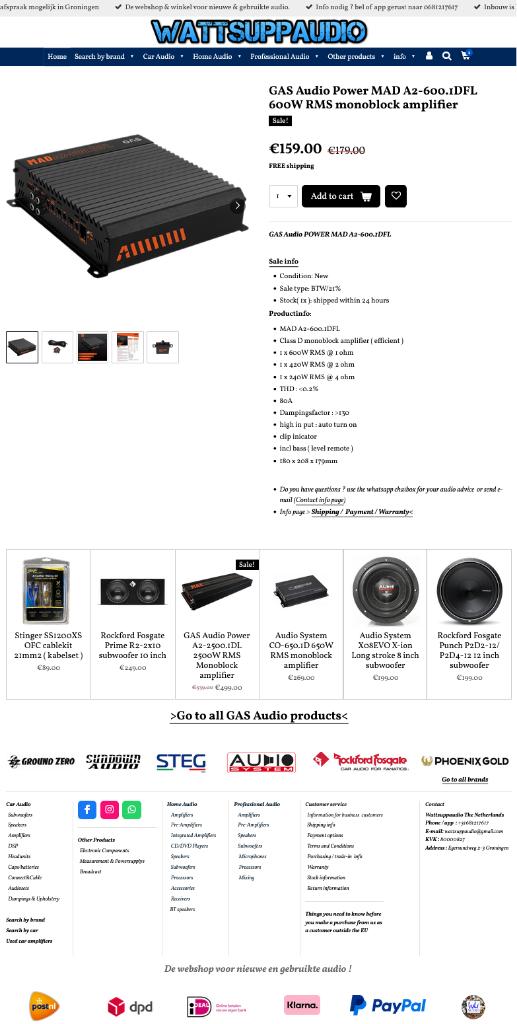 GAS Audio Power MAD A2-600.1DFL 600WRMS Monoblok versterker, Auto diversen, Autospeakers, Info@optimount.nl, Nieuw, Ophalen of Verzenden