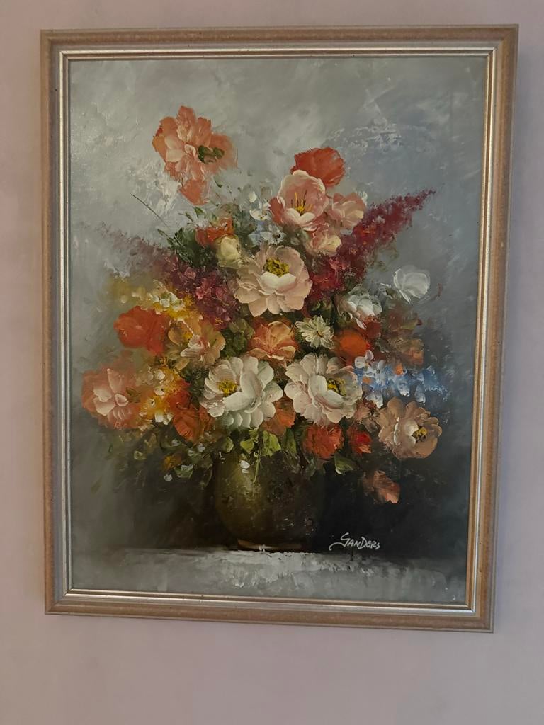 Twee prachtige bloemenschilderijen, gesigneerd Sanders, Antiek en Kunst, Ophalen