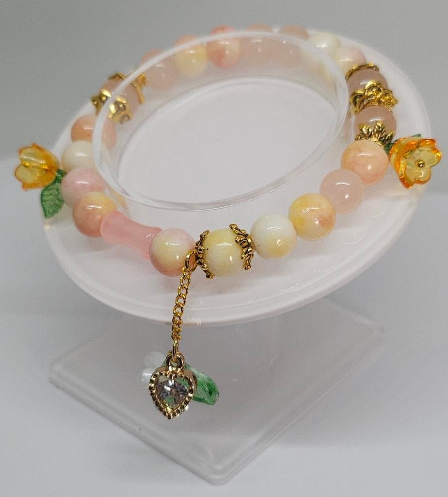 Perzik bloemen armband - Fairycore stijl, Nieuw, Oranje, Elastiek, Met bedels of kralen