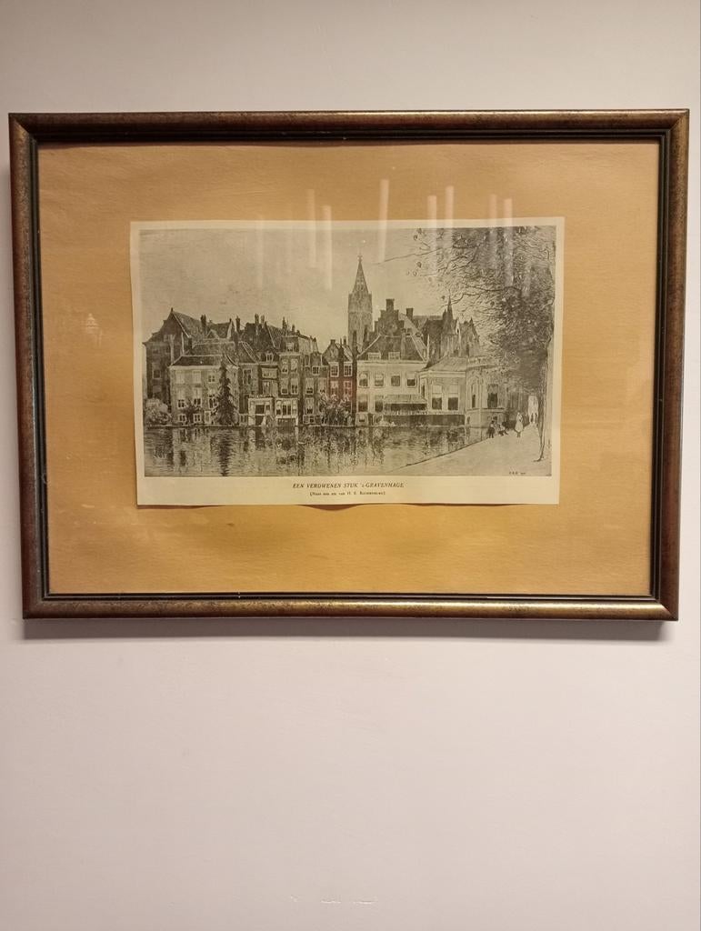 Ets 'Een verdwenen stuk 's-Gravenhage' naar H.E. Roodenburg, Ingelijst, Ets, Stadsgezicht, Ophalen of Verzenden