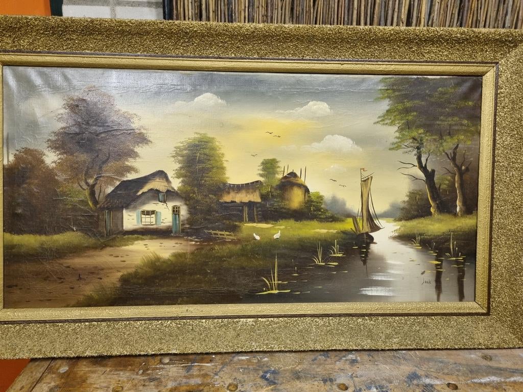 Klassiek olieverfschilderij Hollands landschap, Antiek en Kunst, Kunst | Schilderijen | Klassiek, Ophalen of Verzenden