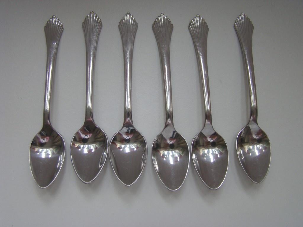 6 borrel- likeur lepeltjes  met waaiermotief Sola  [4], Ophalen of Verzenden, Gebruikt, Rvs of Chroom, Los bestek