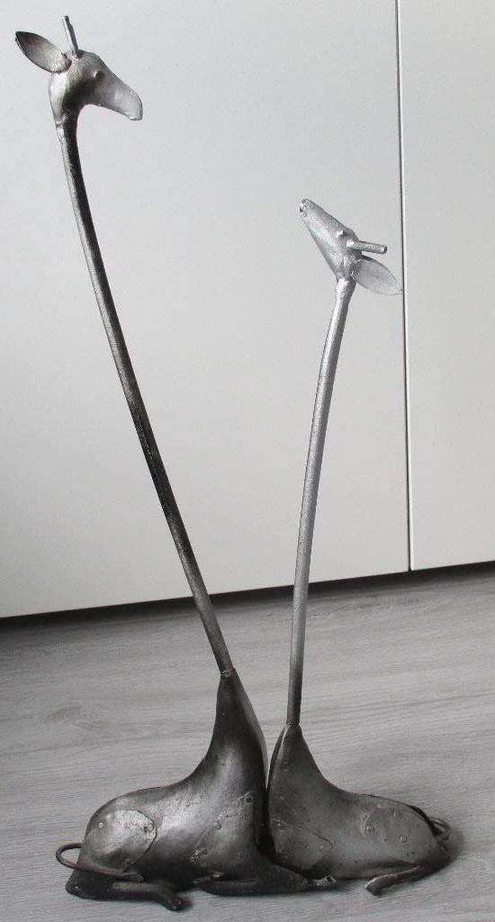 woonaccessoires: set GIRAFFEN - 2 metaal sculpturen, Ophalen of Verzenden, Zo goed als nieuw, Zilver, Metaal