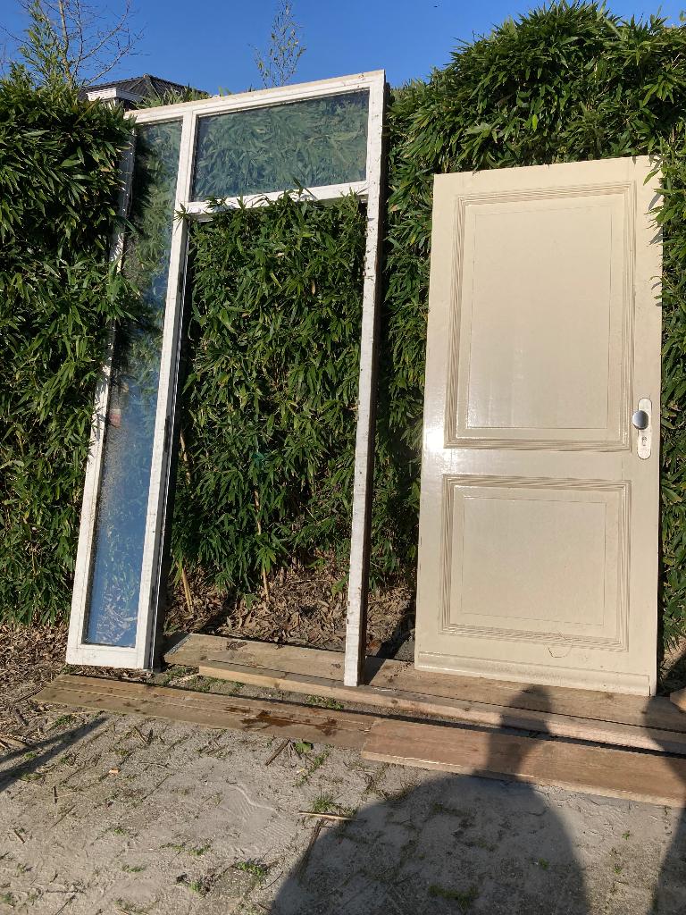 Hardhouten Kozijnen met deur, zij - en bovenraam, dubb glas, Doe-het-zelf en Verbouw, 75 tot 150 cm, Deurkozijn, Ophalen of Verzenden