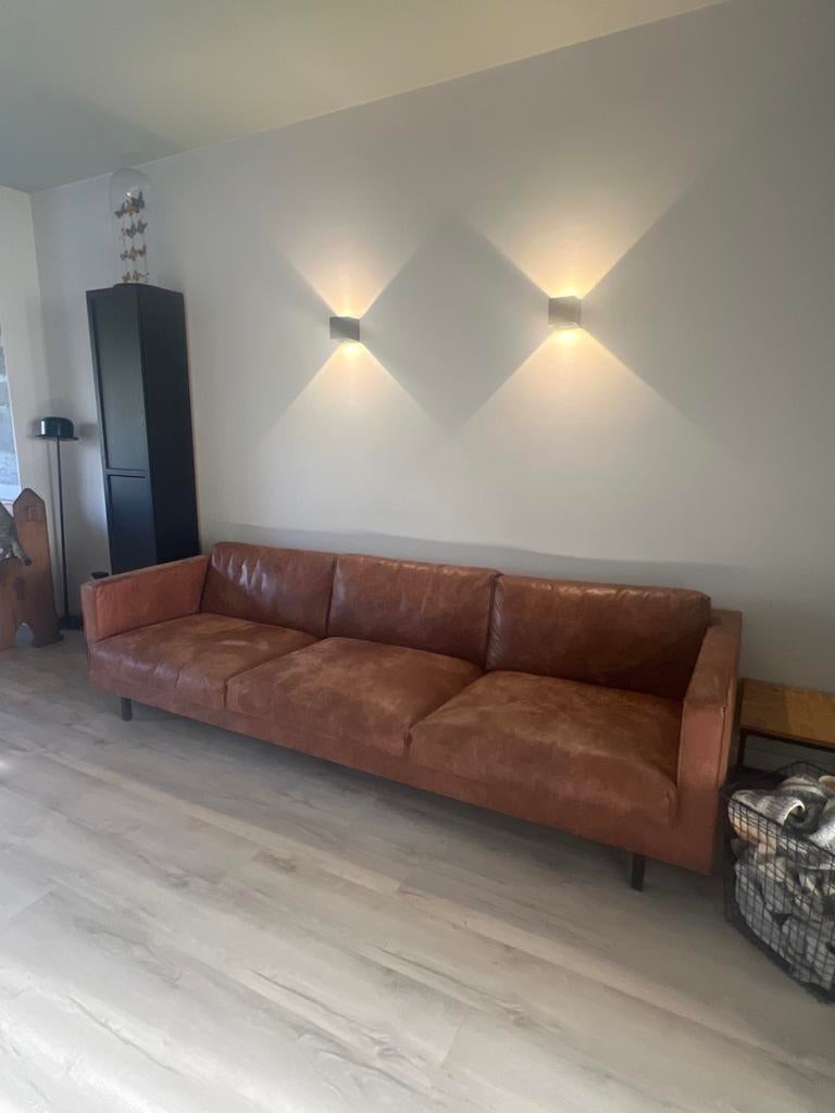 Bodilson bank echt leer - Goede kwaliteit cognac kleur, Ophalen, Gebruikt, Driepersoons, Rechte bank