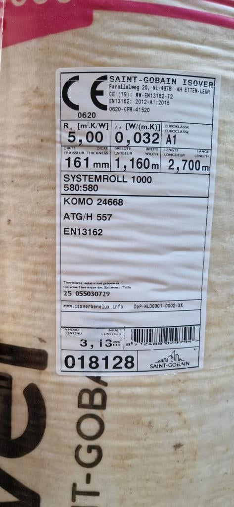 5x Saint gobain isover glaswol - 16cm dik 5RD 116cm x 270cm, Ophalen, Dakisolatie, 12 cm of meer, Nieuw
