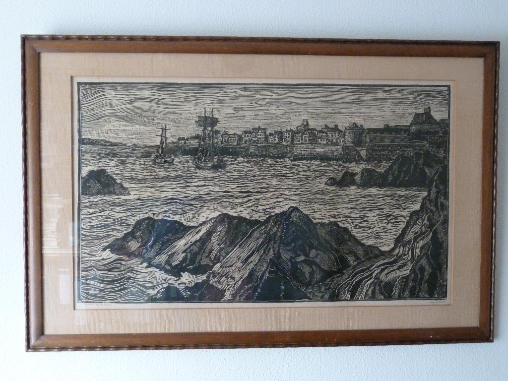 Houtsnede-G.J. Koekkoek(1872-1956)/Haven te St. Malo, Ophalen of Verzenden