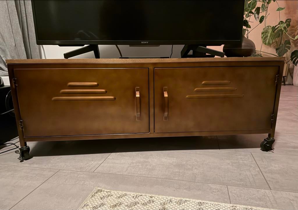 Industrieel TV-meubel met houten blad - ZGAN, Ophalen, 100 tot 150 cm, Zo goed als nieuw, Minder dan 100 cm