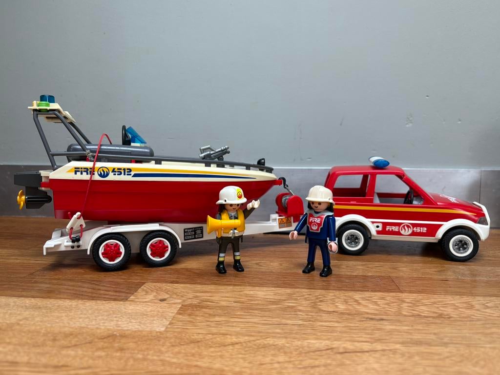 Playmobil brandweerboot met oplegger en jeep, Ophalen of Verzenden, Gebruikt, Complete set