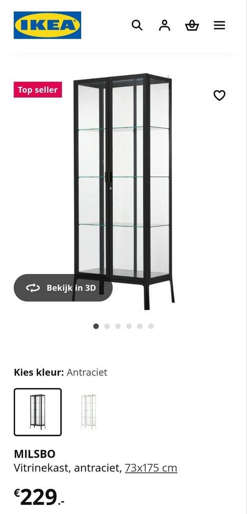 Milsbo vitrine kast antraciet, Huis en Inrichting, Kasten | Vitrinekasten, Ophalen, Met deur(en), 50 tot 100 cm, Zo goed als nieuw