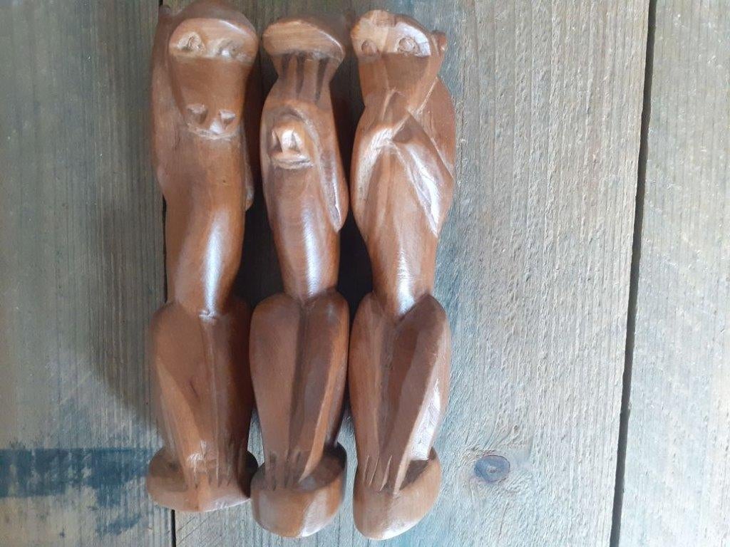 3 houten aap beeldjes (horen, zien en zwijgen), Verzamelen, Ophalen of Verzenden, Gebruikt, Dier