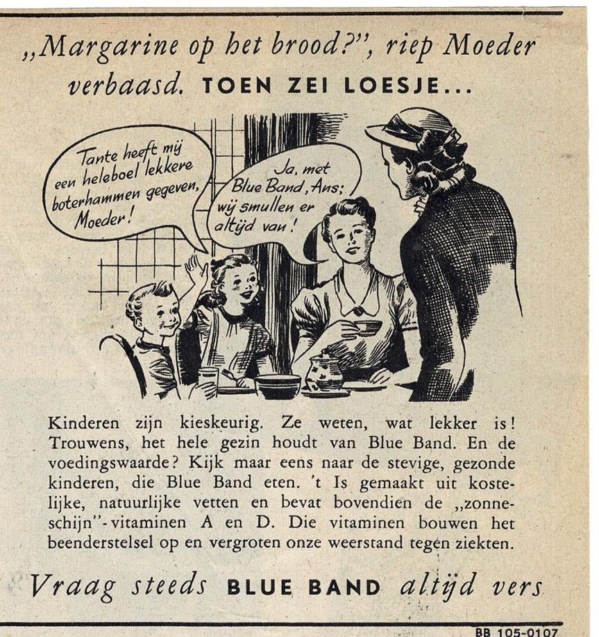 Ja, met BLUE BAND , Ans: wij smullen er altijd vab ! 1948, Verzenden, Zo goed als nieuw, Overige typen