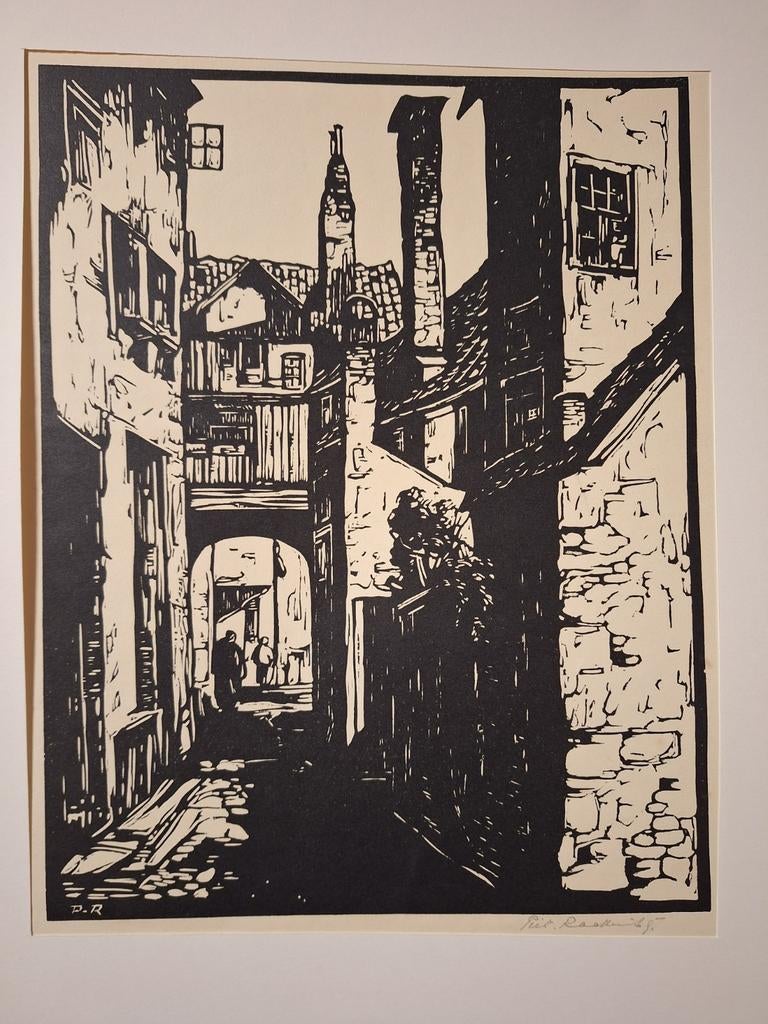 Houtsnede Steeg door Piet Rackwitzs, Ophalen of Verzenden