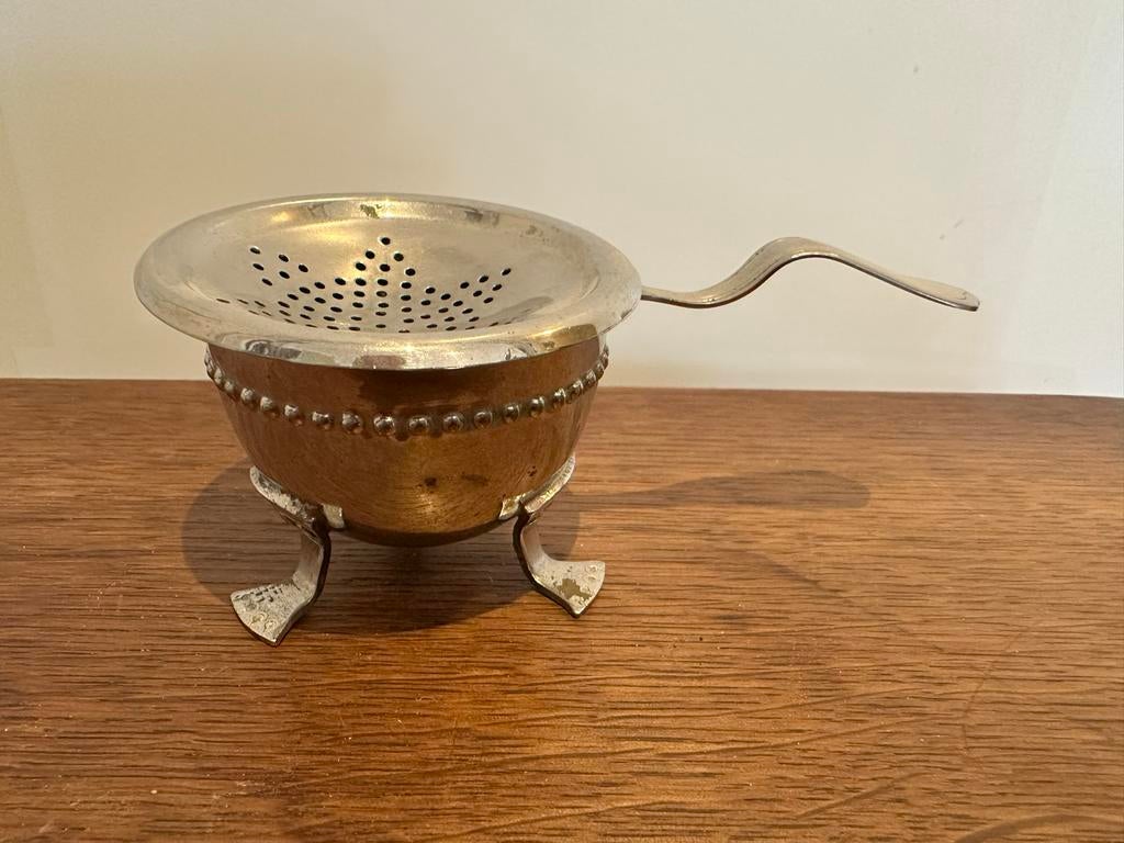 Theezeefje met lekbakje - Metaal - Vintage, Antiek en Kunst, Antiek | Goud en Zilver, Ophalen of Verzenden